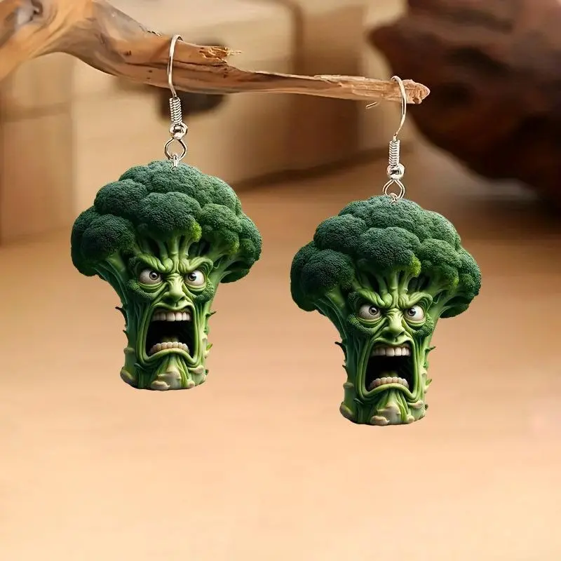 Angry Screaming Broccoli Face Dangle Earrings Novelty Funny Food Charm Earring