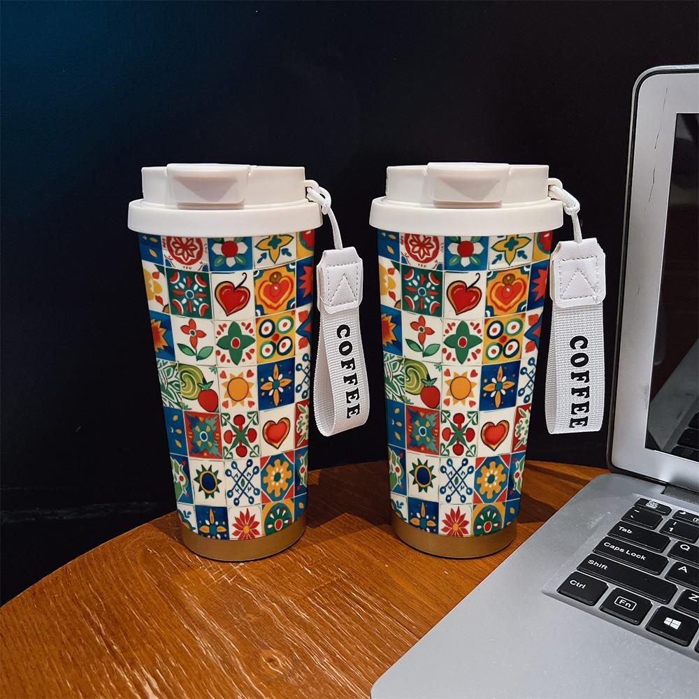 Abstract Grid Pattern Coffee Cup, Portable Dual Drink Insulated Tumbler, Keeps Hot/cold, Stylish, Ideal for Office, Travel, Sports, Golf