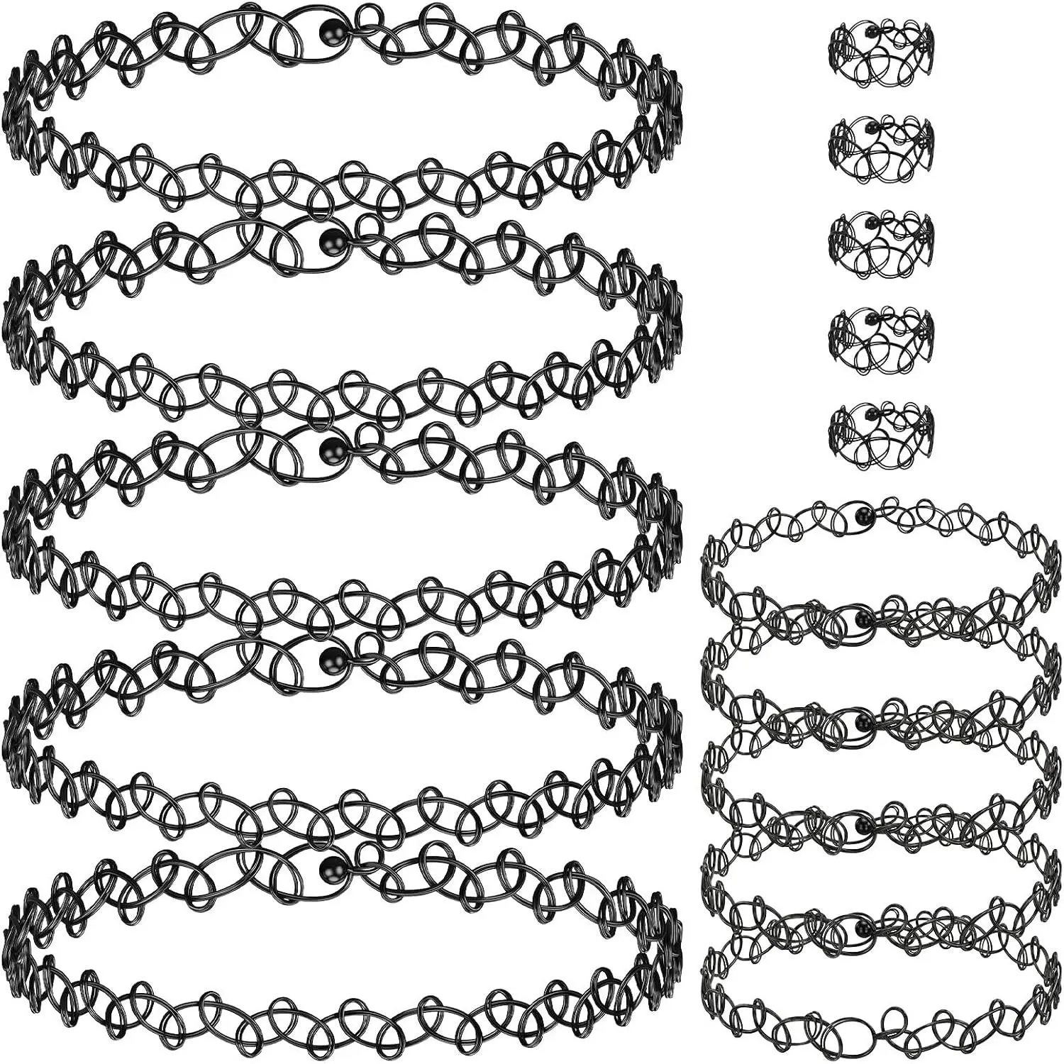 15 count  Choker Set, Y2K  Choker Necklace Bracelet Ring Black Stretchy 90s  Chokers  Adjustable Retro Gothic Grunge 90 Necklace  Accessories (Black)