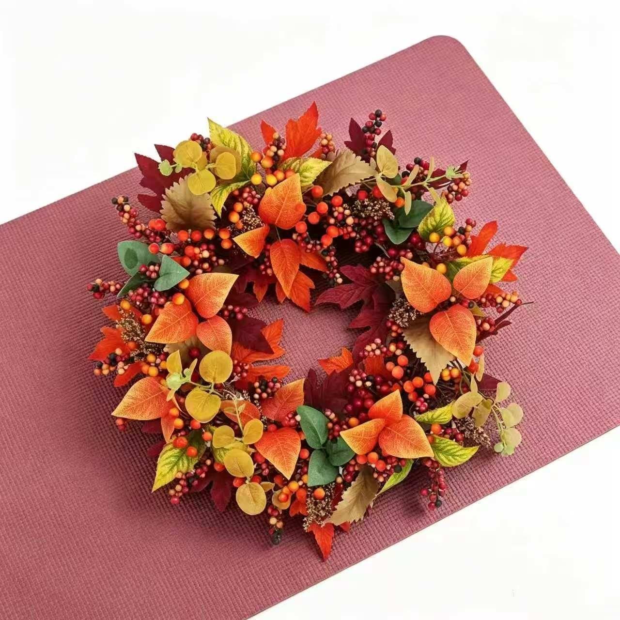 Vibrant Autumn Artificial Wreath, Maple Leaves with Mixed Berries, Rustic Thanksgiving and Fall Porch Decor