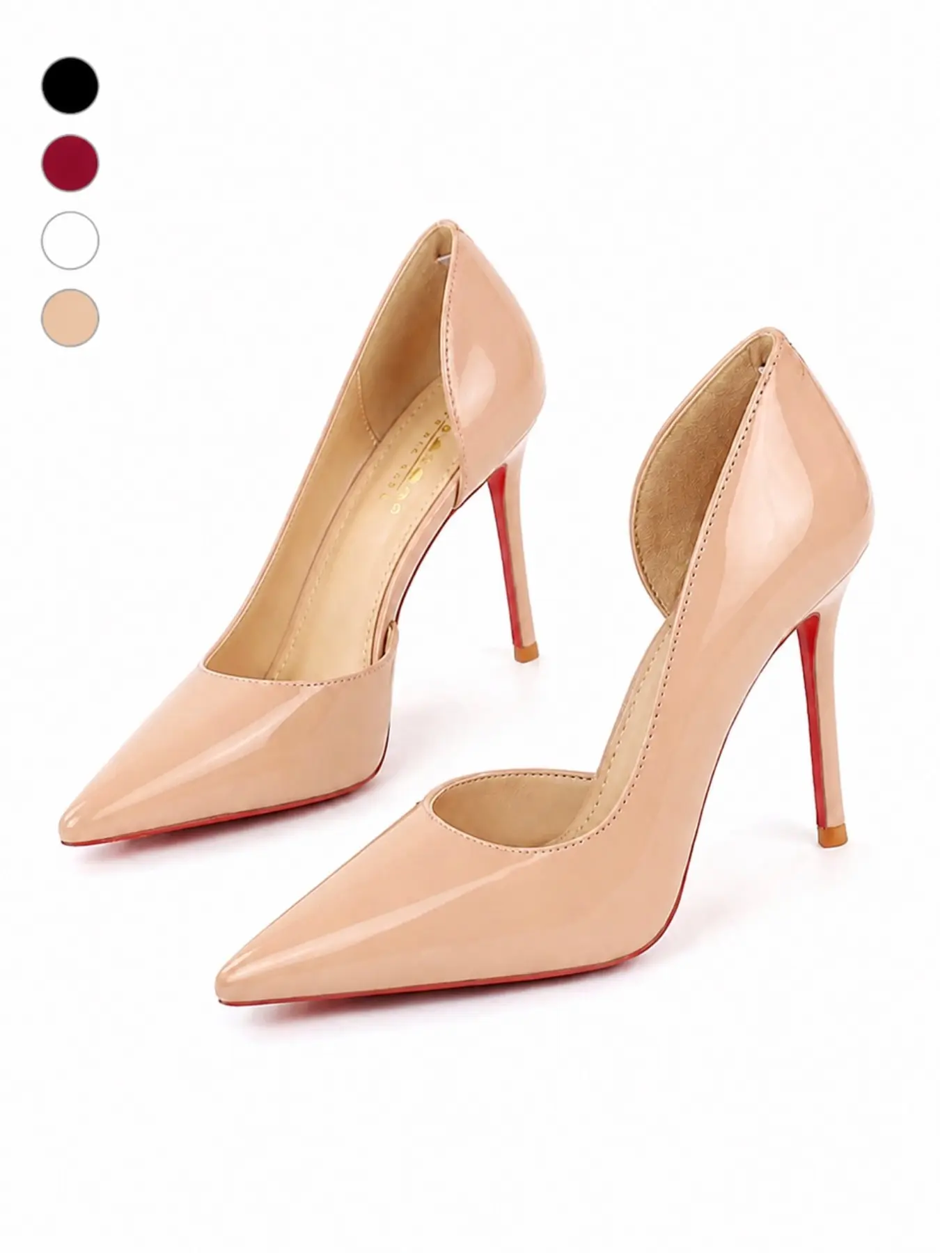 Nude patent‑leather women's stiletto‑heel pumps with pointed toes and side cut‑outs, low‑cut hollow‑out red‑soled slip‑on shoes, thin‑heeled women's footwear for workplaces, banquets, weddings and bridesmaids. Matches suit skirts, dresses, formal gowns an