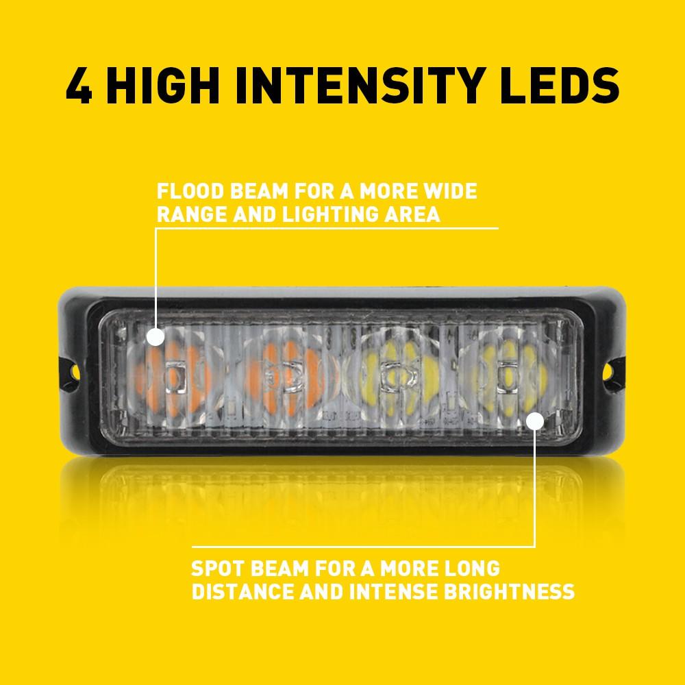 4pcs 4LED Car Amber/White Emergency Beacon Warning Flash Strobe Light Indicator