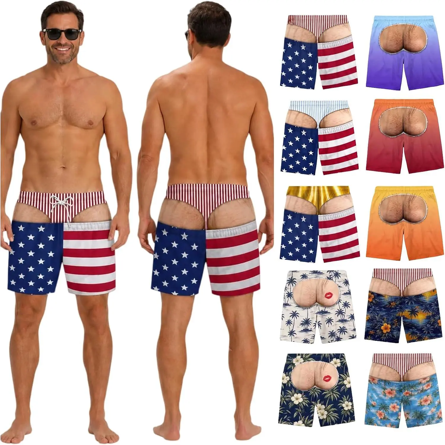 Men's Quick Dry Funny Swim Trunks, Male Beach Wear with Hairy Butt Print, Patriotic Pattern, Hairy Legs 3D Print & Shorts Length Gag Swimwear