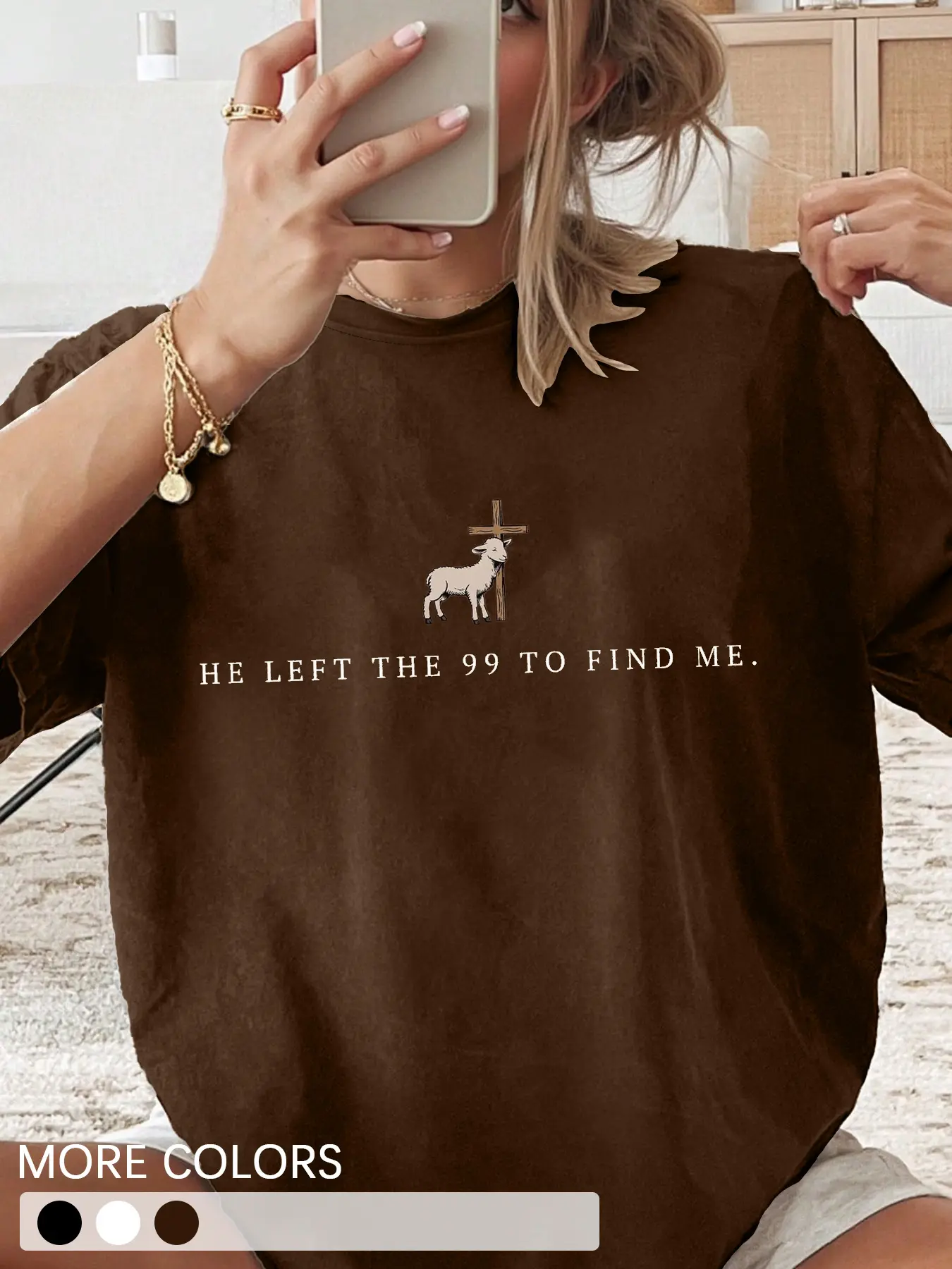 Women's Religious Graphic T-Shirt, Brown Tee with “HE LEFT THE 99 TO FIND ME” Lamb and Cross Print for Church Wear, Faith Based Fashion and Inspirational Gift
