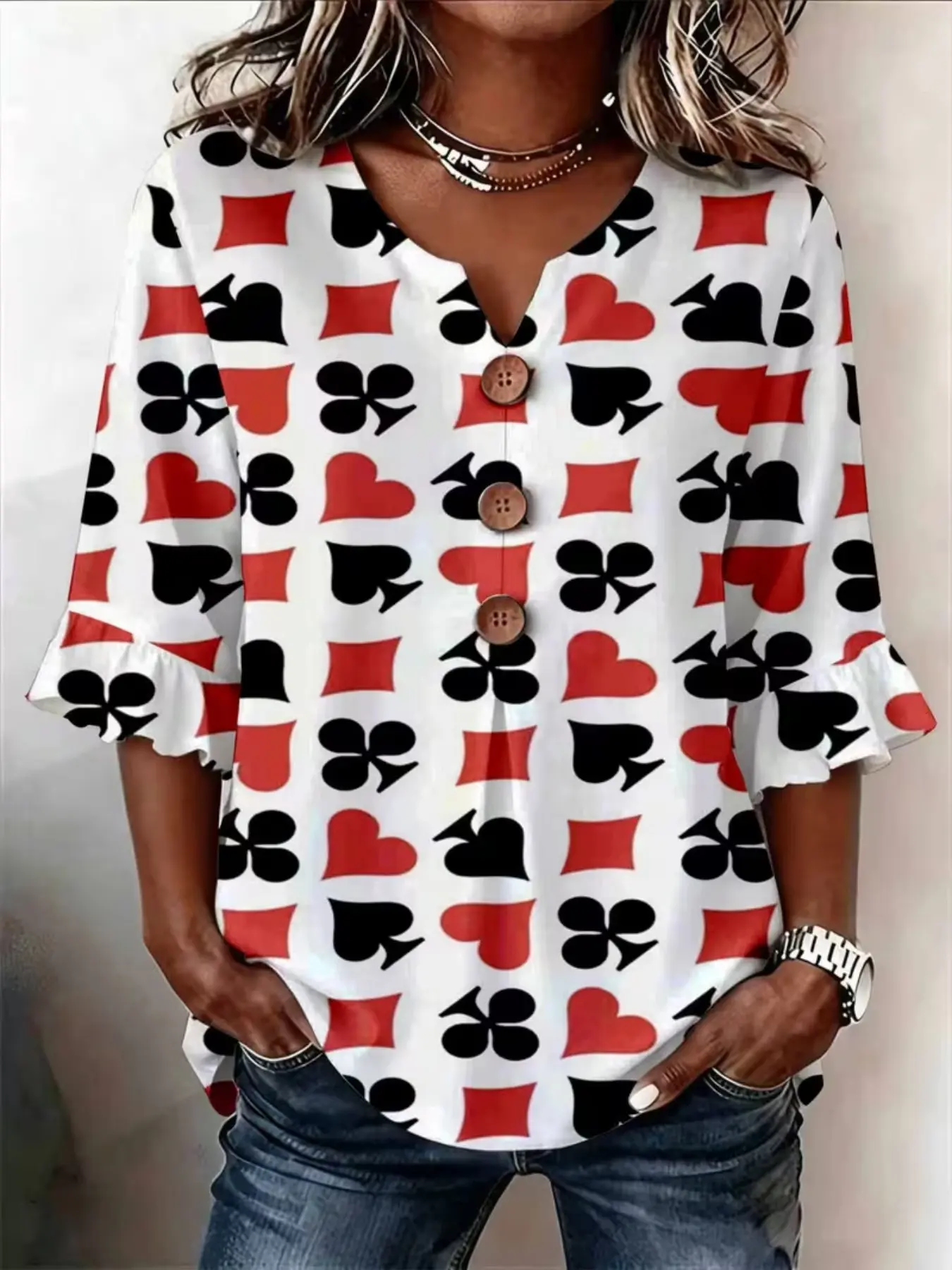 Women Notch V‑Neck 3/4 Ruffle Sleeve Blouse Sublimation All‑Over Print Top Playing Card Suit Heart Spade Club Diamond Geometric Pattern Button Decor Loose Casual Shirt for Party Nightclub Daily Street Dating Wear