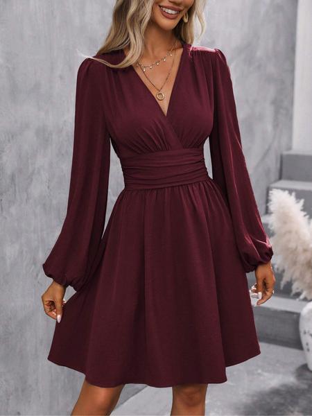 Women's Plain Deep V Neck Dress, Casual Bishop Sleeve A Line Dress for Spring & Fall, Women's Clothing for Daily Wear, Womenswear
