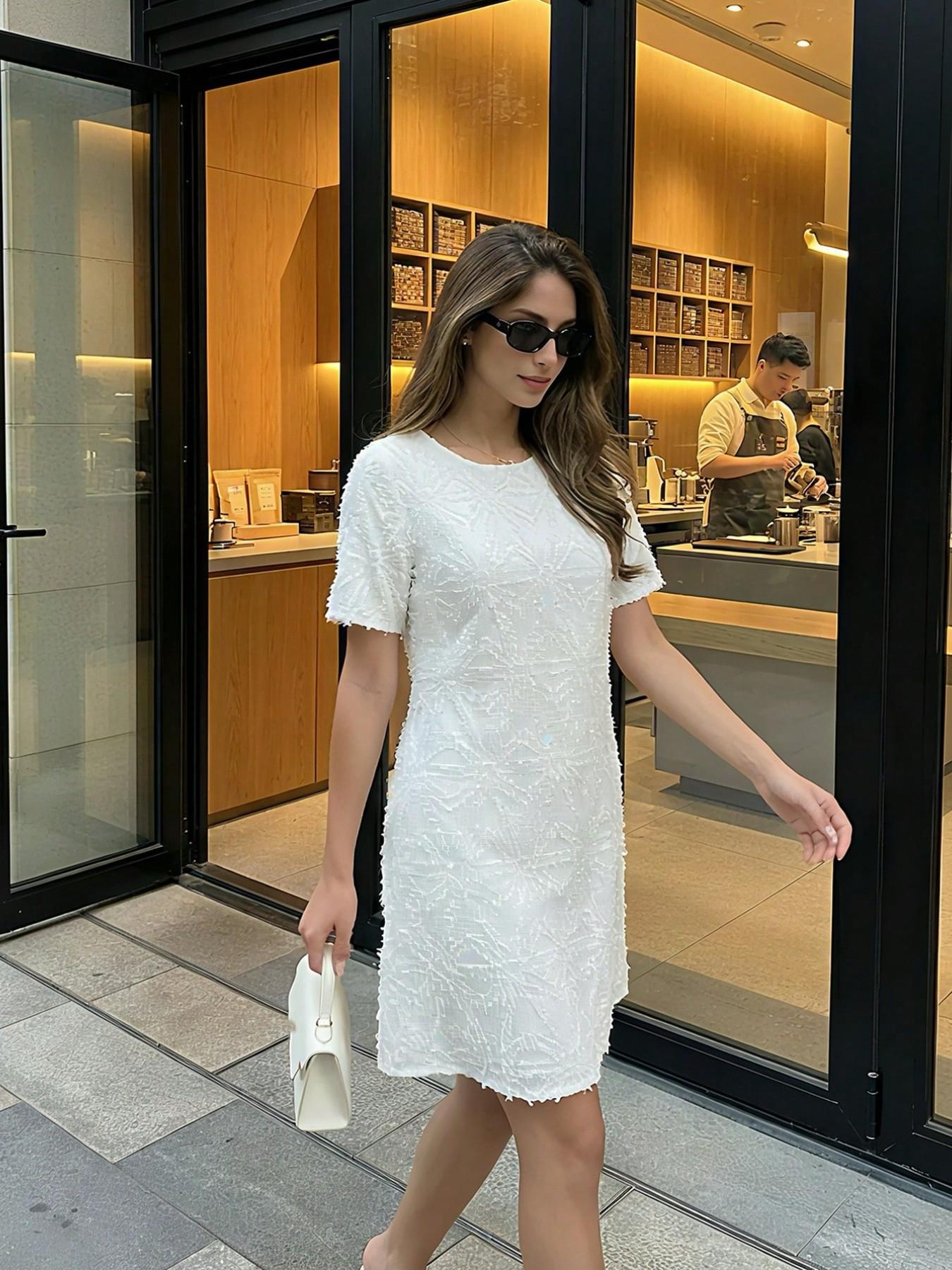 Women's Elegant Embroidered Dress, French Style Summer, High-Quality Medium-Length Casual Wear, Stylish Round Neck Design