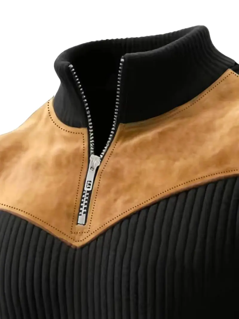 Men's Half-Zip Stand Collar Knit Top, Suede Texture Shoulder Patches, Bull Head Print, Slim Fit, Retro American Style, Casual Wear, Knitwear