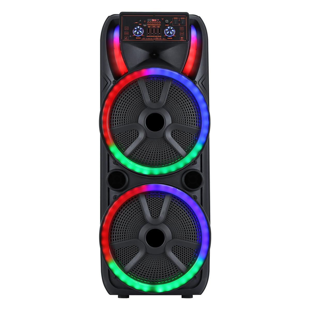 Dual 15 inch Karaoke Speaker System W/ 2 Microphone Portable Party Box Loud Big Speaker Wireless Bluetooth Stereo Rechargeable Remote Control LED Lighting