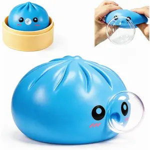 Dumpling Squishy Toy with Bubble Blowing Feature, Squishy Dumpling Stress Relief Toy, Cute Bao Bun Squeeze Toy with Steamer Box, Soft Sensory Fidget Desk Toy Gift (Blue)