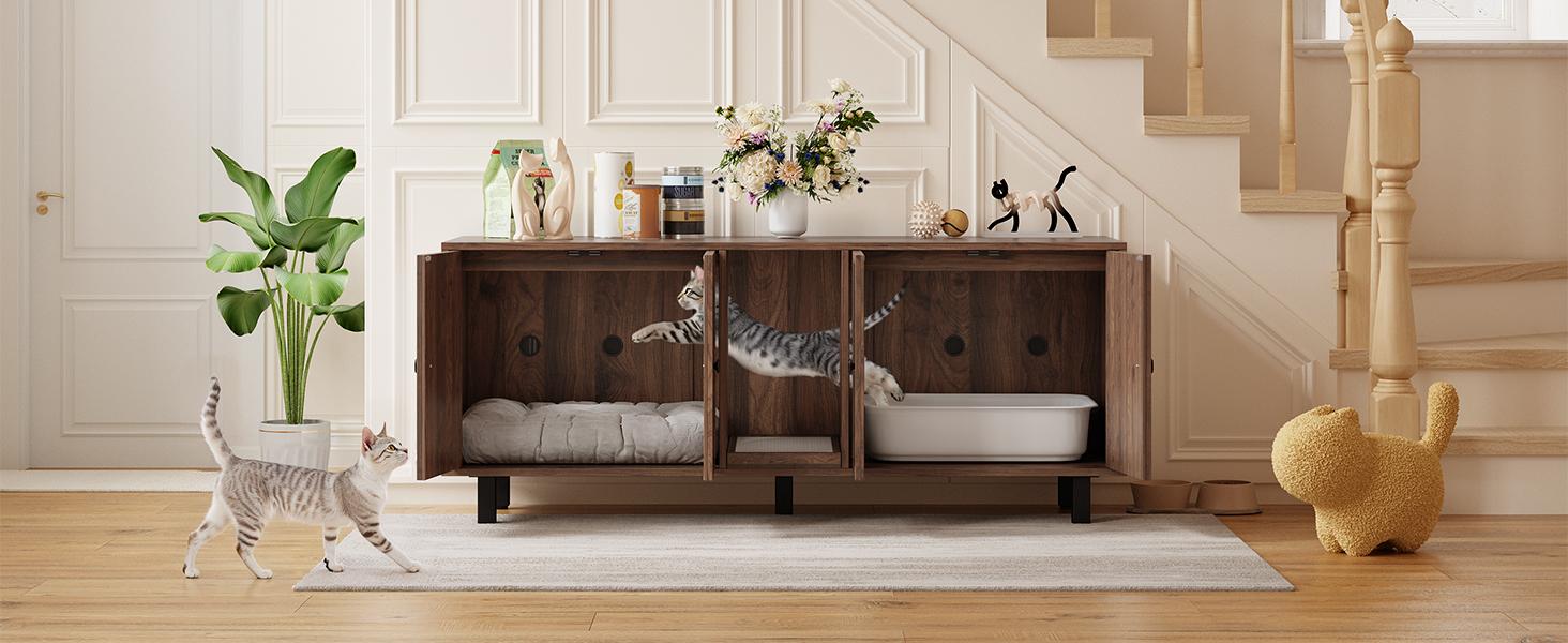 【SPOTLIGHT DAY】ONBRILL 59 Inches Cat Litter Box Enclosure for 2 Cats, Hidden Litter Boxes Furniture with Cat Scratch Pad, Large Indoor Pet House with Double Room, Wooden TV Stand Side Table 【SPOTLIGHT DAY】ONBRILL 59 Inches Cat Litter Box Enclosure for 2 Cats, Hidden Litter Boxes Furniture with Cat Scratch Pad, Large Indoor Pet House with Double Room, Wooden TV Stand Side Table