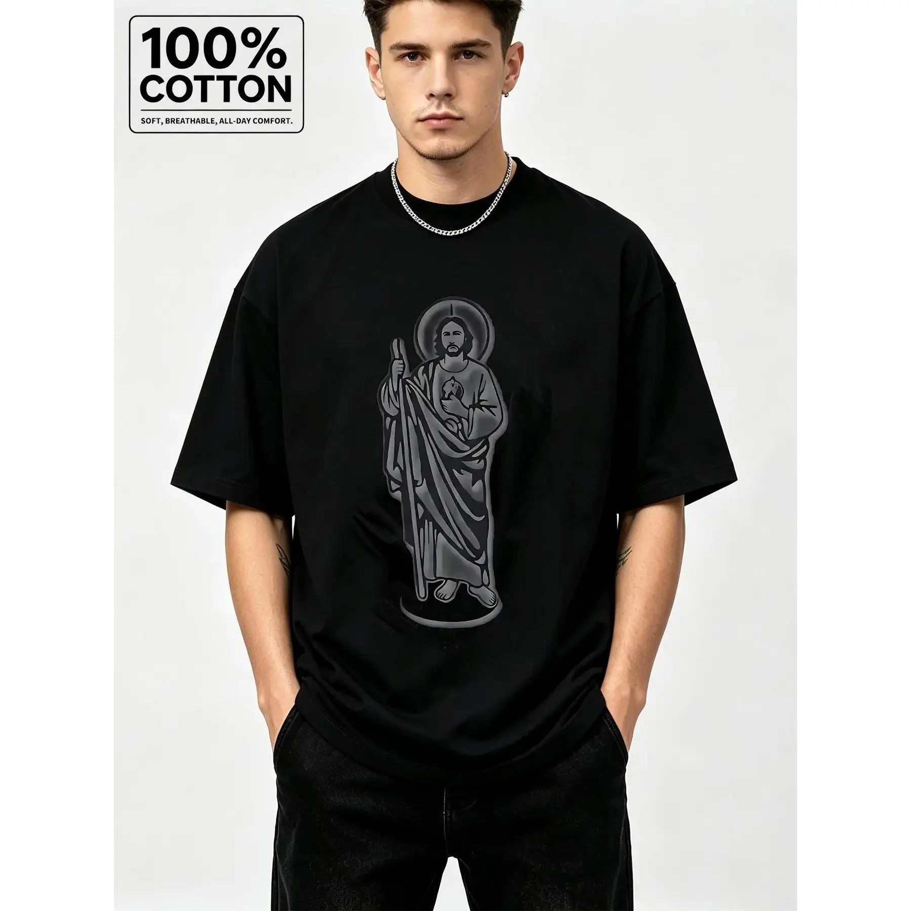Men's Round Neck T-Shirt - 180g White & Black Saint Judas Tadeo Religious Print, High-Quality Printing, Relaxed Fit Male Wear, Local Store Men's Clothing
