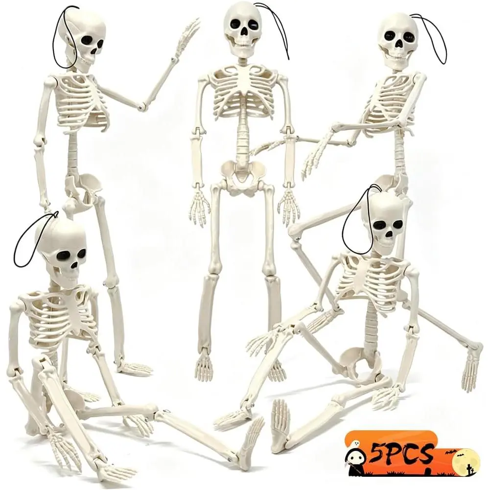 5 count  Skeleton Halloween Decorations, 16in Movable Joints Realistic Full  Poseable Plastic Skeleton for Yard Garden Patio Haunted House Halloween Party Decoration