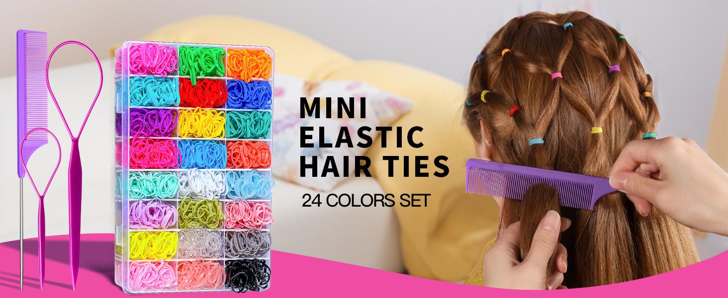 32-24 Color Mini Hair Bands and Hair Ties for Girls, Hair Accessories, Rubber Bands, Hair Styling Comb, Braiding Tool Set