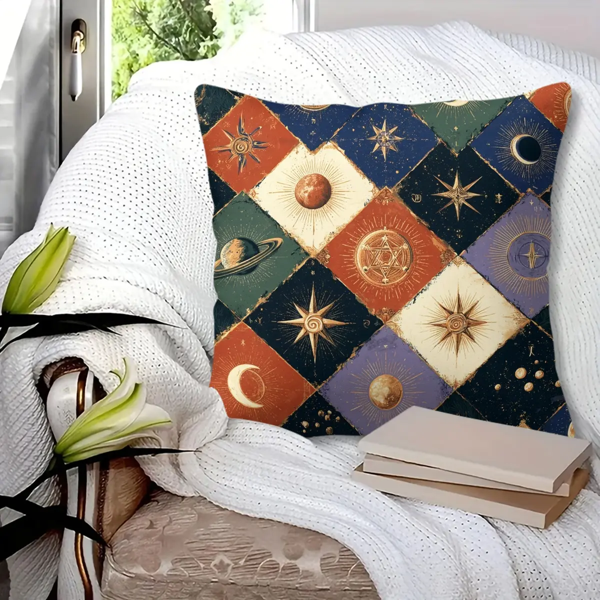 45x45cm 1Pc, Vintage Celestial Star Sun Moon Planet Patchwork Print Throw Pillow, soft fluffy cozy durable decorative accent cushion, perfect for sofa, bed, bedroom, living room decor, great as holiday small home gift