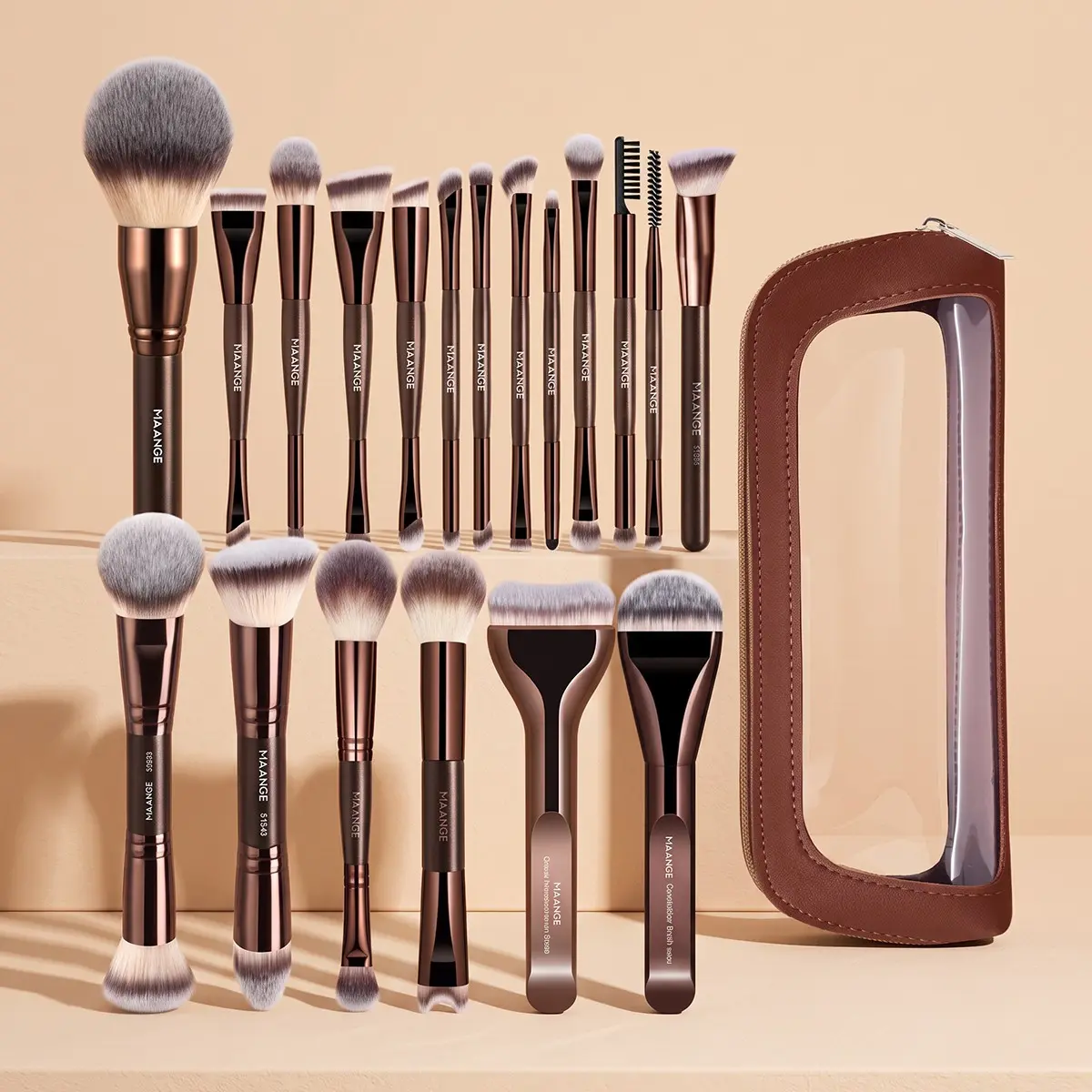 Maaneg 19-Piece Professional Makeup Brush Set, Cosmetic Brushes Set, Foundation, Blush, Powder, Highlighter, Eyeshadow, Mascara Brushes, Includes Makeup Bag, Gift for Women