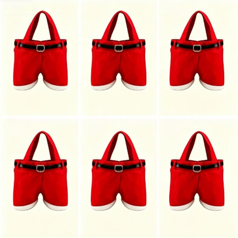 6 Christmas Claus Pants Candy Bags, Portable Gift Bags with Handles, Party Favor Bags, Goodie Bags, Wedding Gift Wrapping, Holiday Atmosphere, 4.7x7.87 Inches