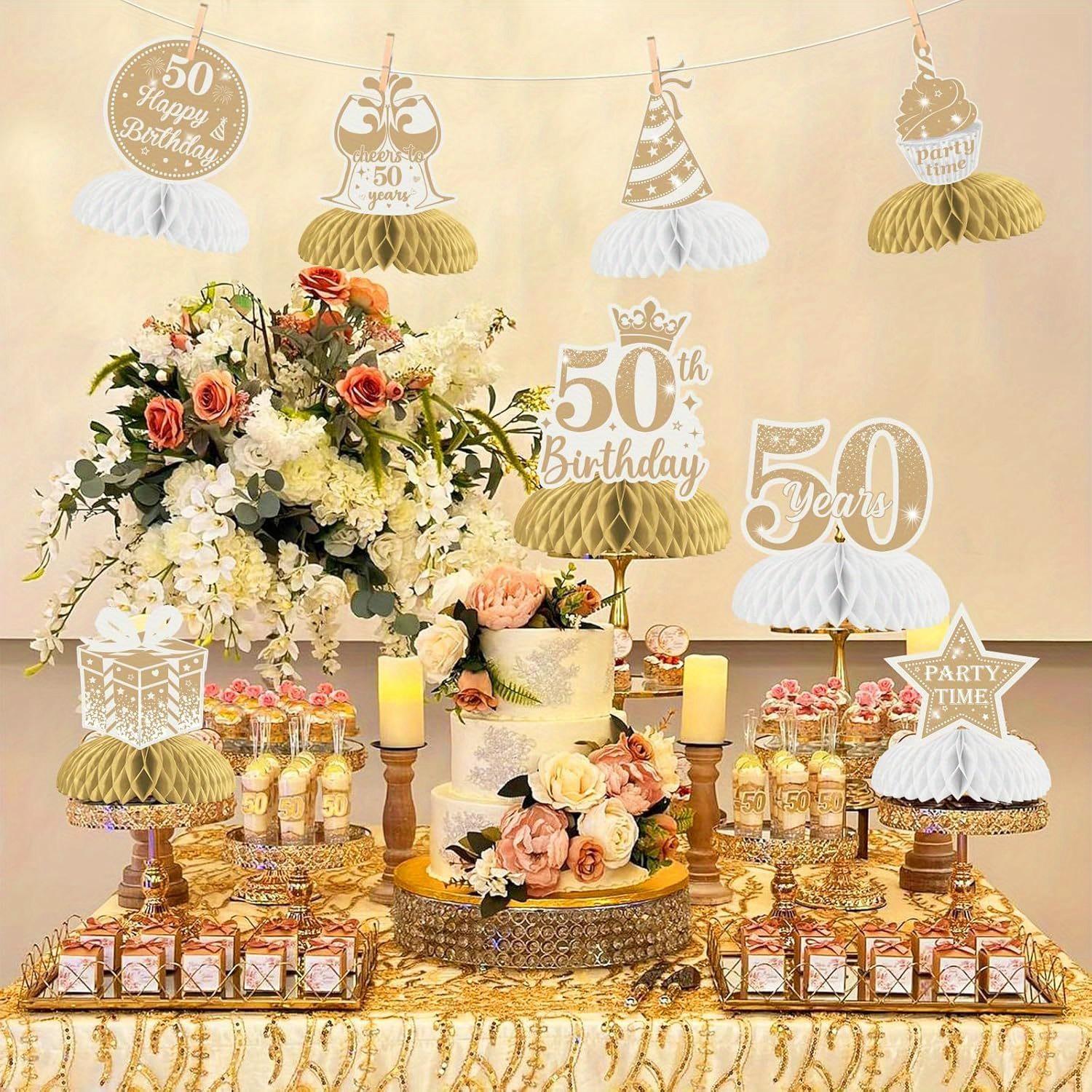 8 Pieces Boho 50th Birthday Honeycomb Centerpieces  White and Gold 50th Birthday Decorations for Women Men White Beige Fifty Birthday Table Toppers Party Supplies
