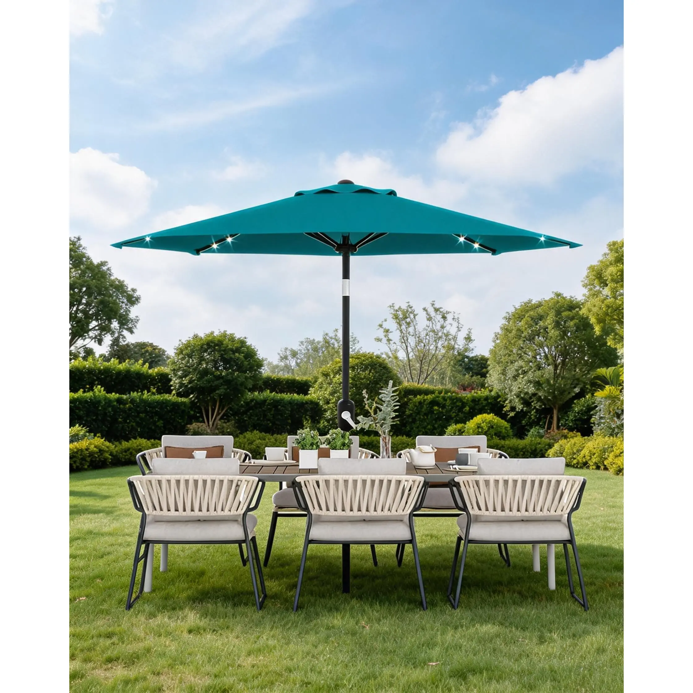 GARVEE 9 FT Patio Umbrella with Solar Lights, Outdoor Table Umbrella with 8 Durable Ribs, Tilt & Crank Mechanism, Waterproof & UV Protection for Garden, Backyard, Poolside, Turquoise