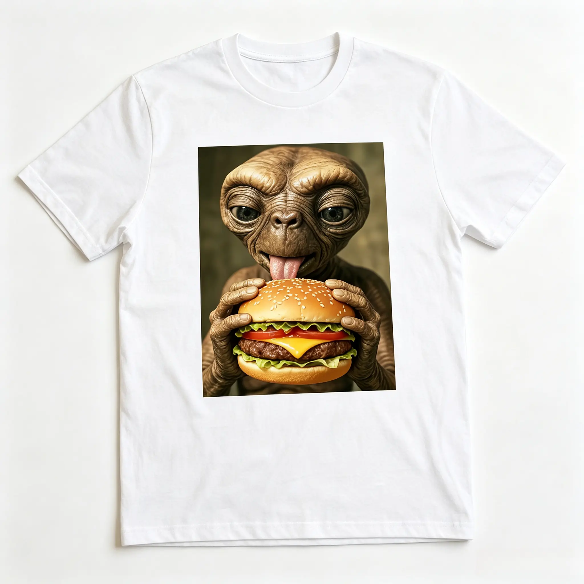 Alien Eating Hamburger Graphic Oversized Cotton T-Shirt, Fashion Casual Outfit, Perfect Valentine's Day Gift For Him Her, Ideal Holiday Present For Family Friends