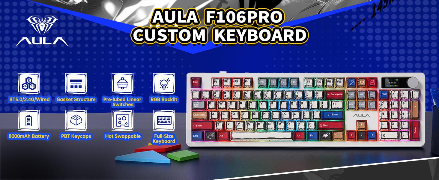 AULA F106 PRO Wireless Mechanical Keyboard,Full Size Gaming Keyboard with Hot Swappable Knob & Screen,Tri-Mode RGB Backlit with 8000mAh for PC/Laptop/Windows AULA F106 PRO Wireless Mechanical Keyboard,Full Size Gaming Keyboard with Hot Swappable Knob & Screen,Tri-Mode RGB Backlit with 8000mAh for PC/Laptop/Windows
