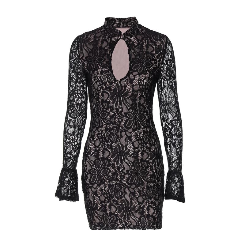 Women's Lace Cut Out Mock Neck Bodycon Dress, Elegant Fashion Long Sleeve Short Dress for Party Club Holiday, Women Dress for Spring Fall