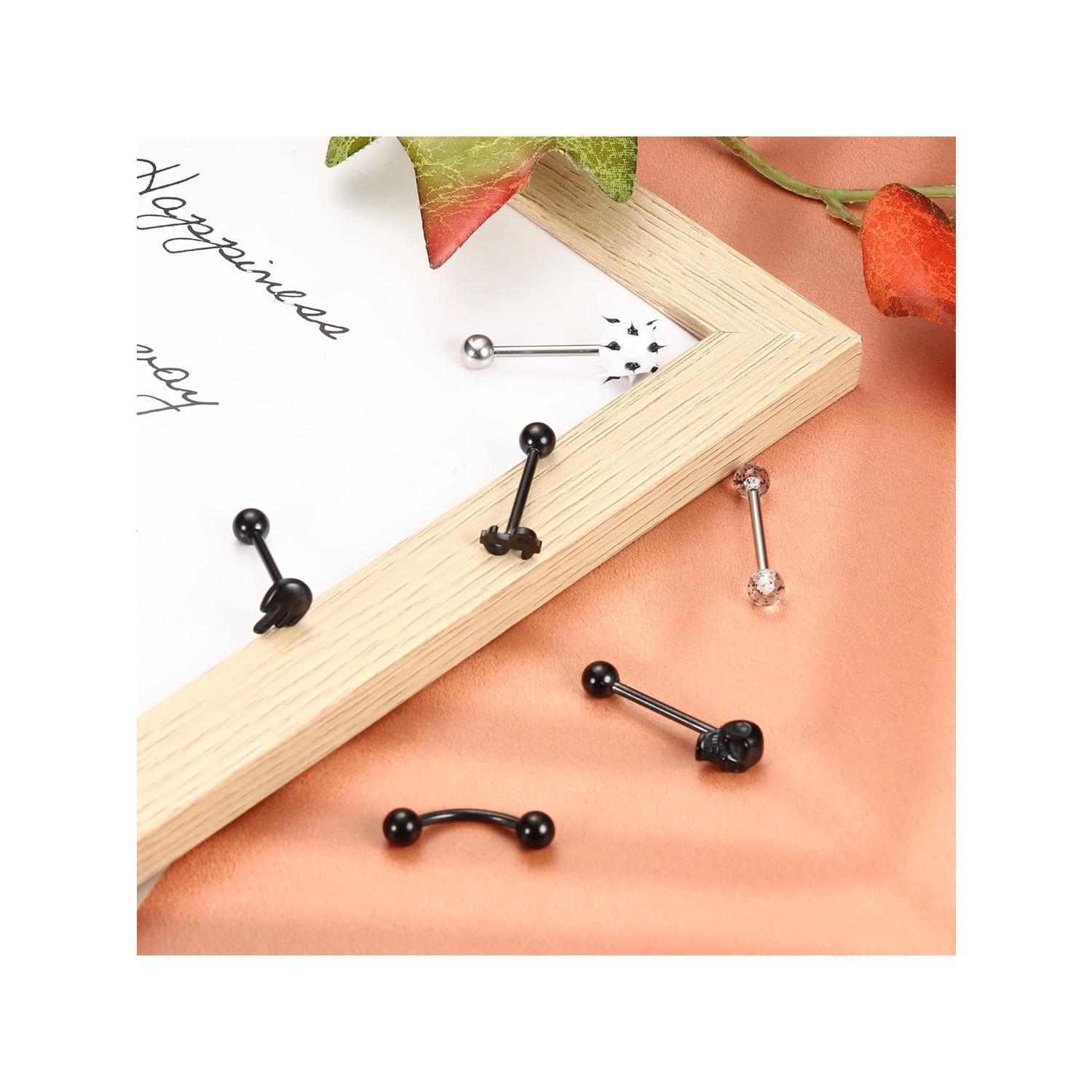 20Pcs 14G Tongue Rings for Women Men 316L Stainless Steel Skull Heart Tongue Piercing Jewelry