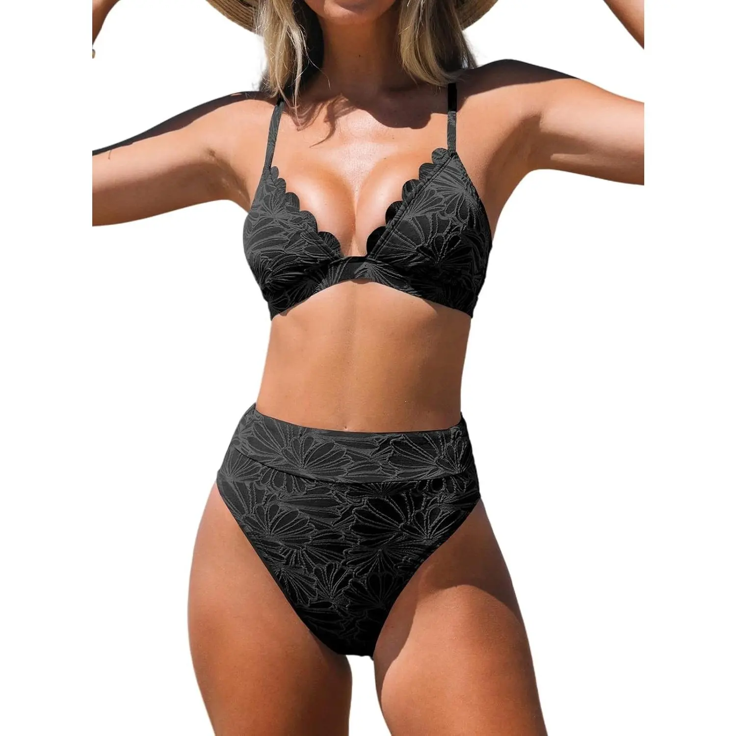 Women's High Waisted Scalloped V Neck Two Piece Bikini Set Bathing Suit Swimsuit