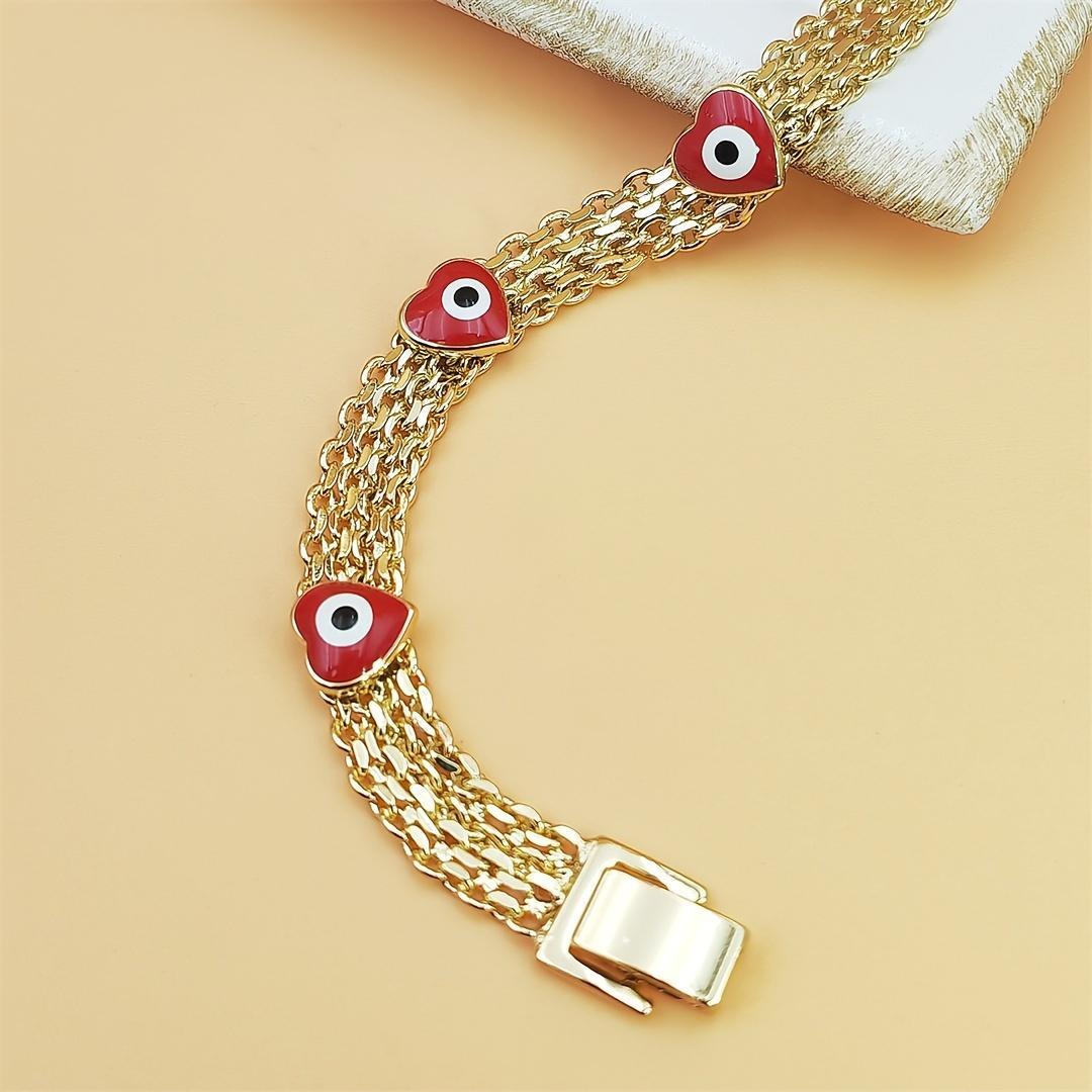Women's Exquisite Trendy Boho Evil Eye Layered Bracelet - Gold-Tone Copper with Red Beads & Plastic Accents, Adjustable Size, Stainless Steel, Layered Look, Trendy Festival Gift, Bohemian Fashion Accessory Sets