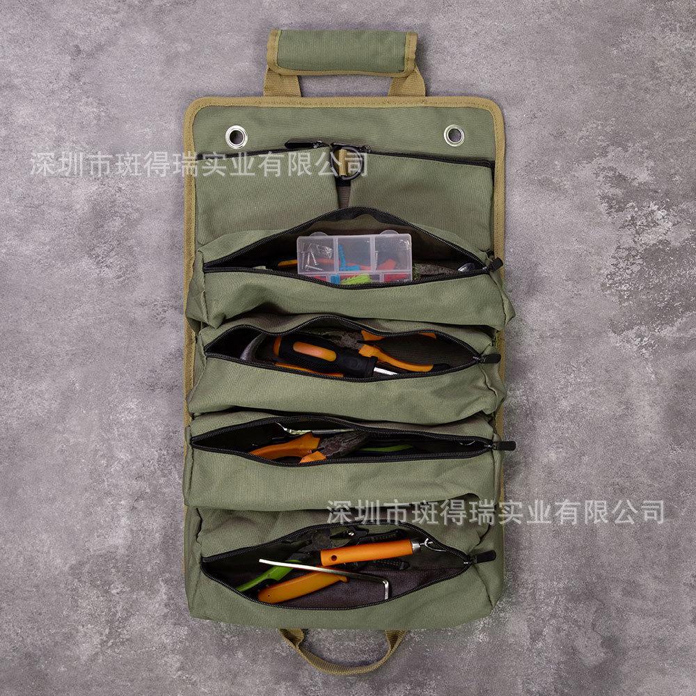 Portable Foldable Roll Up Tool Bag, Heavy Duty Tool Organizer Bag with 5 Compartments & 2 Detachable Pouches for Tools Storage, Waterproof Tool Roll Bag for Dad Men Electrician Mechanic Gifts