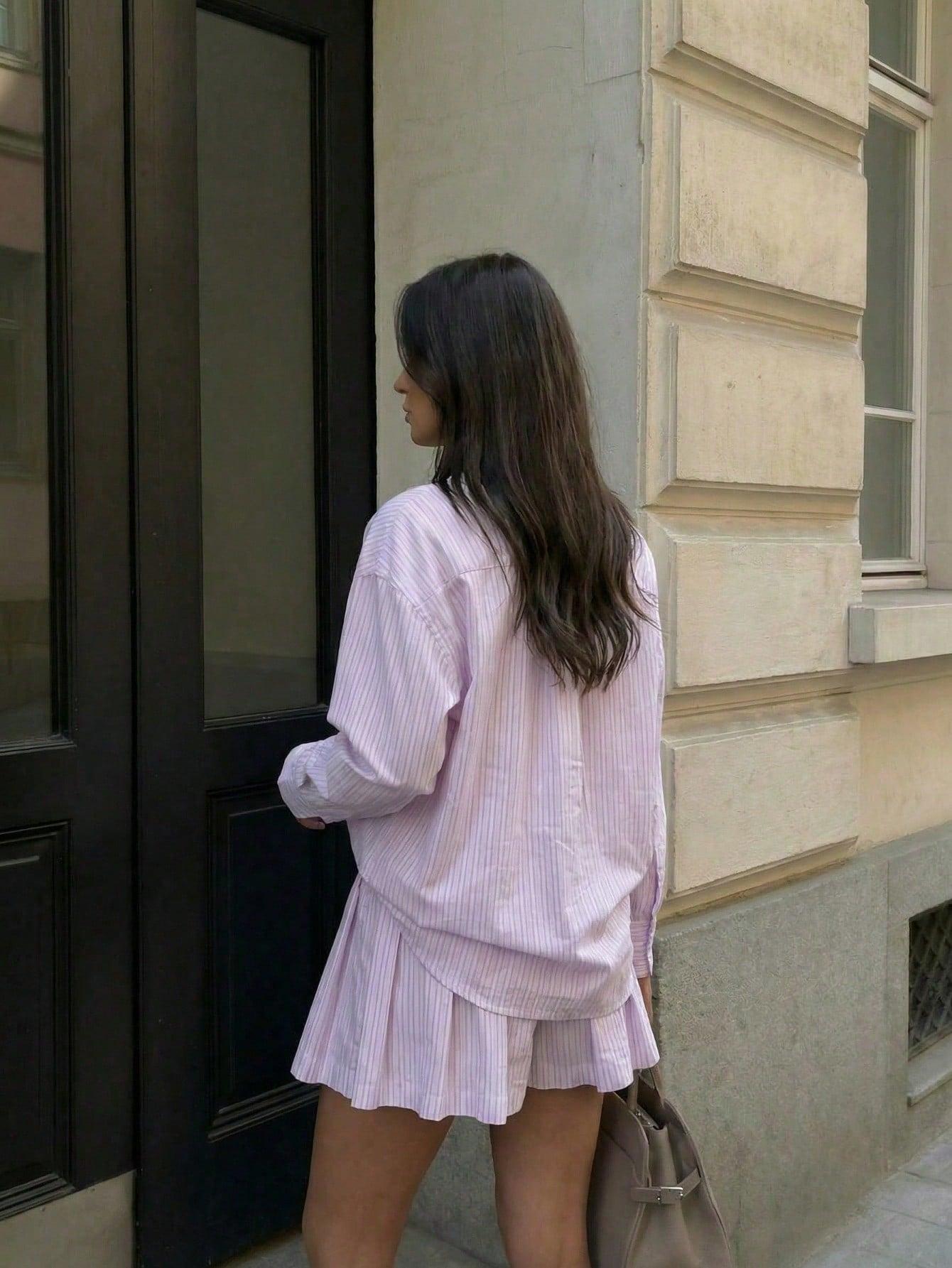Women's Summer Comfortable Chic Striped Pocket Button-Front Shirt and Shorts Set for Daily Wear Fashion Style Sets