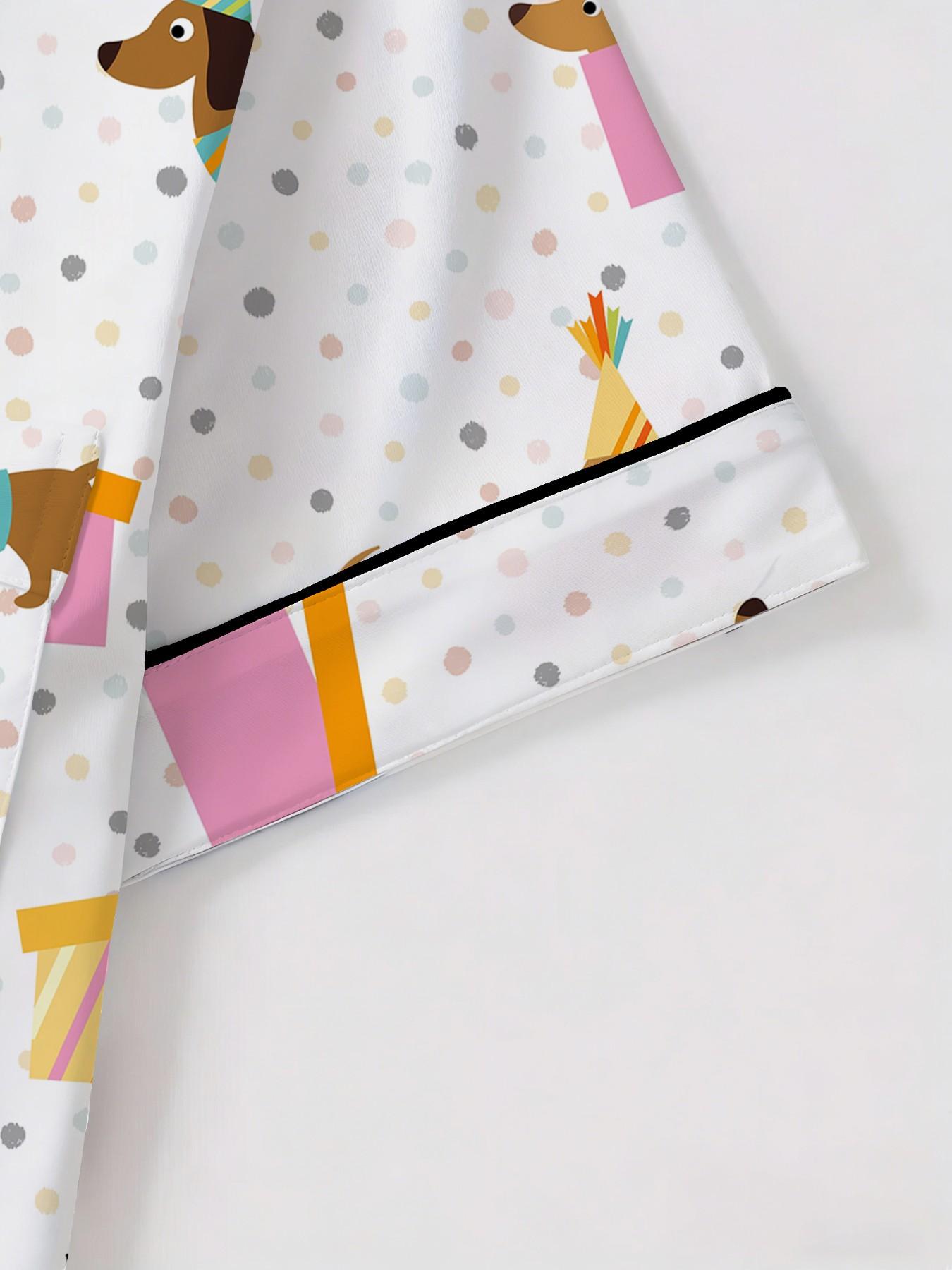 Women's Short Sleeve Button Down Top and Shorts Pajama Set, Spring Summer Wear, For Cute Girls, White Base Adorable Party Dog Print, Classic Lapel Collar, Loose Fit, Comfortable For Home & Gatherings