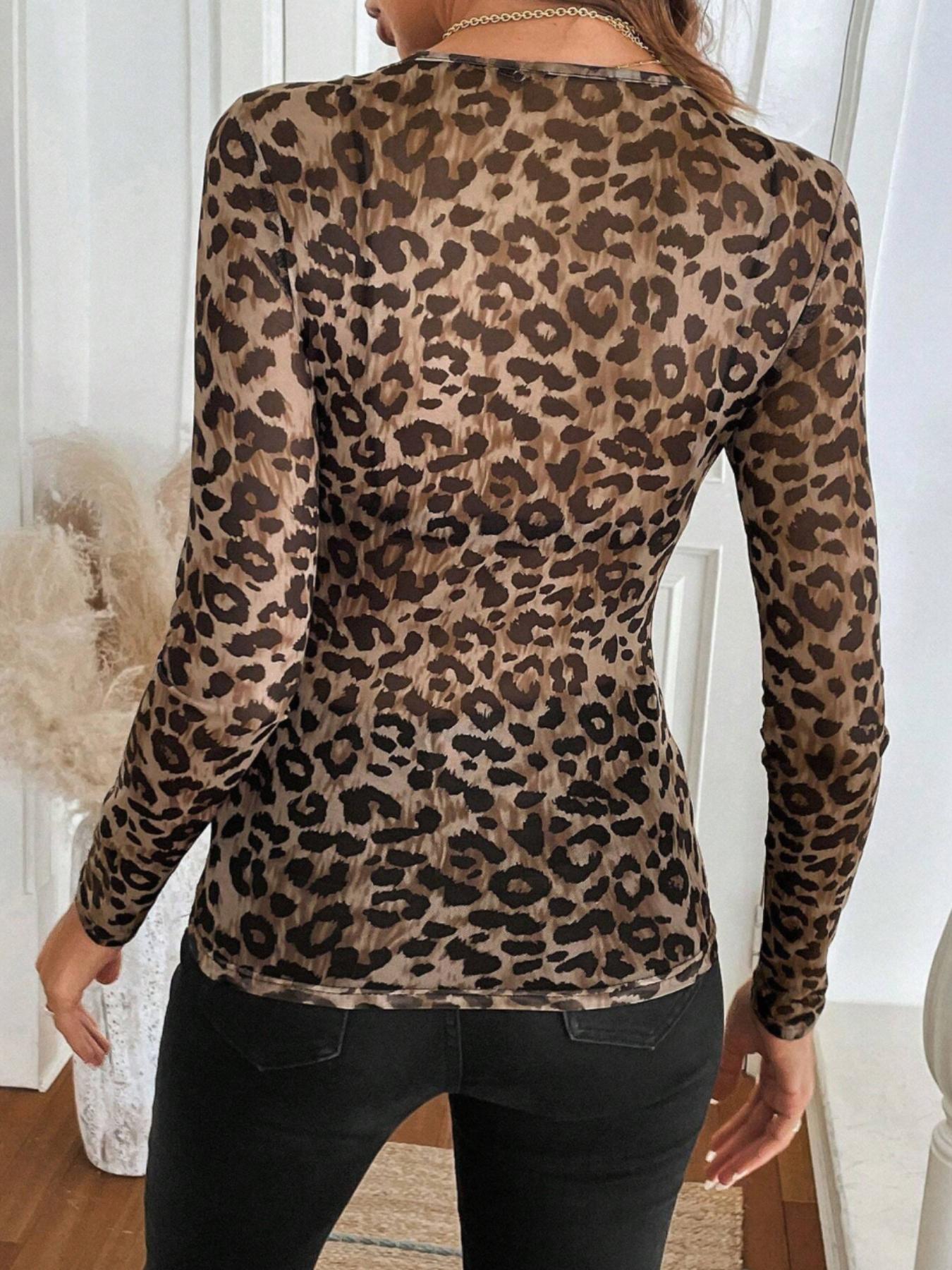 Women's Leopard Print Mesh Round Neck Long Sleeve Top, Sexy Tight Fit Thin Fabric T-Shirt, Fashion All Seasons Women's Clothing