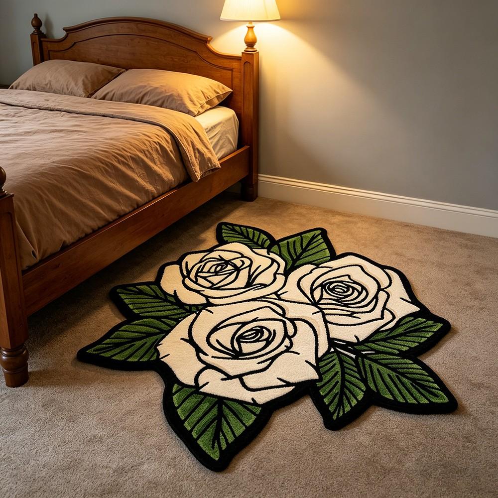 Vintage Cream Rose Shaped Rug, French Luxury Floral Living Room Bedroom Carpet, Soft Comfortable Mat for Coffee Table Sofa Tea Table Dressing Room
