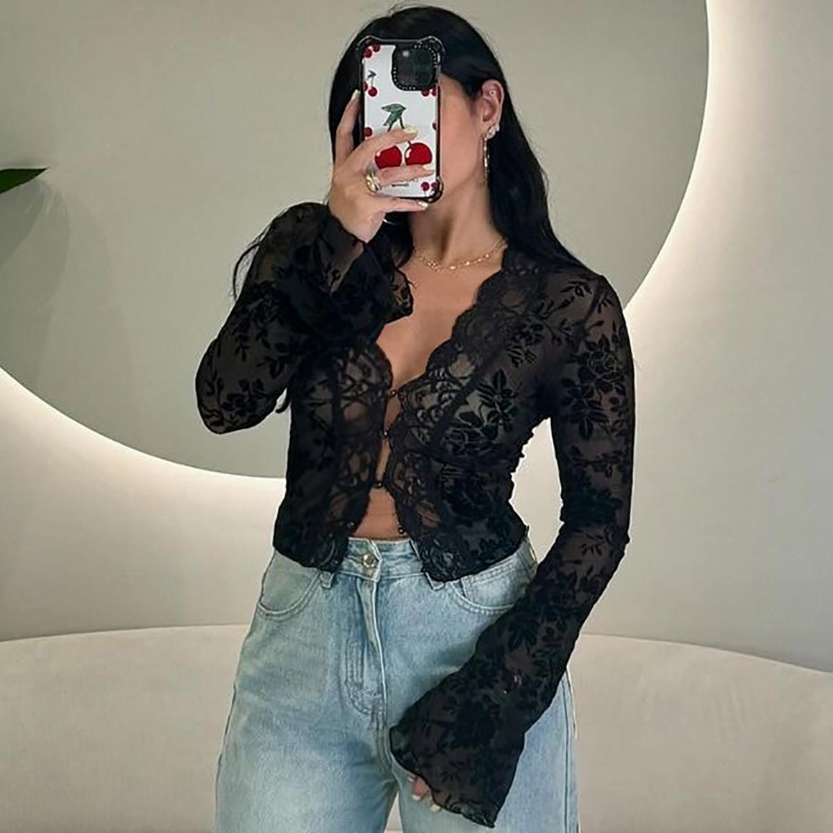 Women's Floral Pattern Sheer Mesh Crop Top, Casual Scallop Trim Flounce Sleeve V Neck Top, Ladies Clothes for Party Club, Womenswear