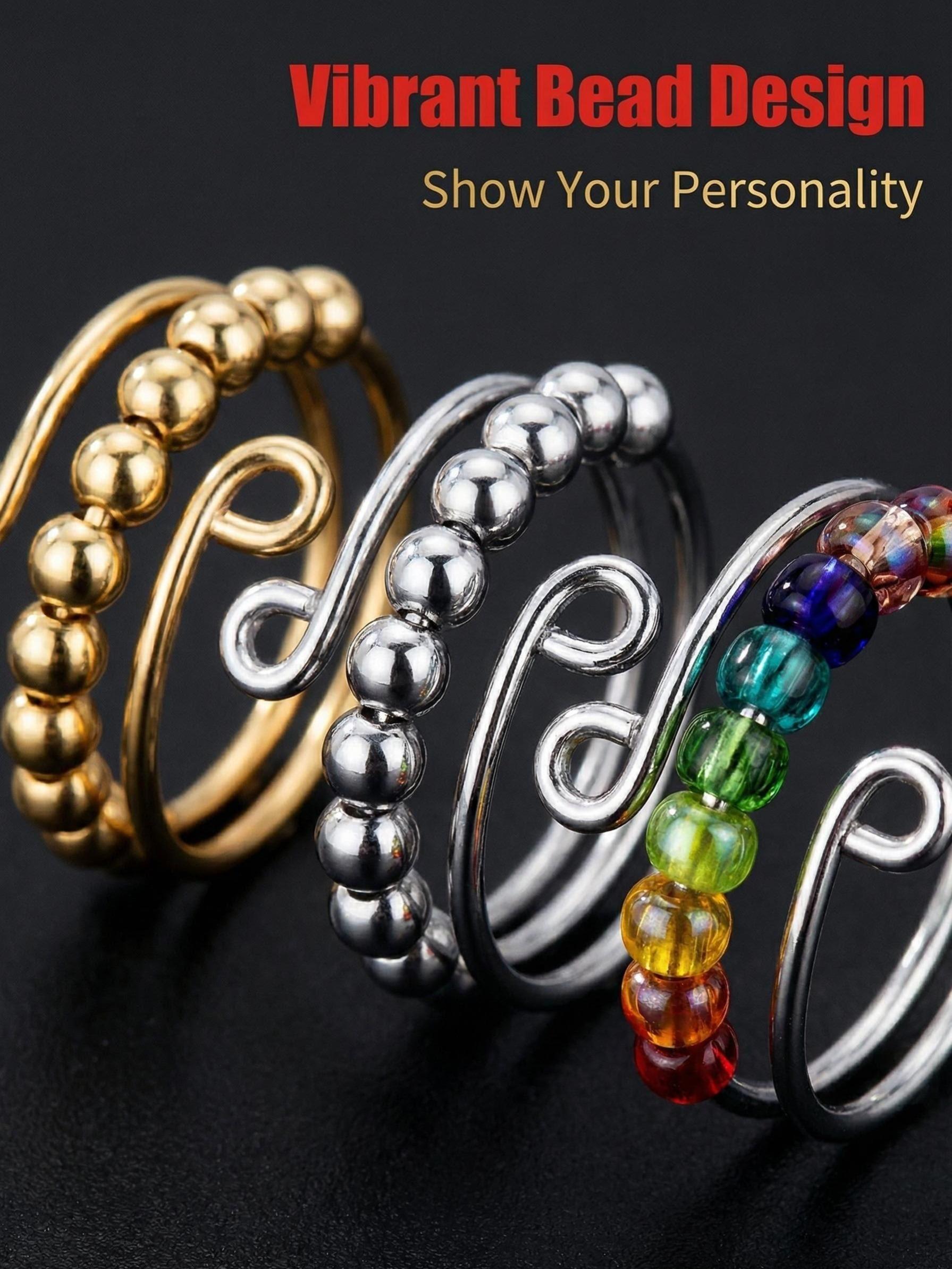 Adjustable Spiral Lucky Bead Anxiety Ring, Open-Ended Stress Relief Ring, Unisex Rotating Bead Relaxation Ring, Perfect for Men and Women