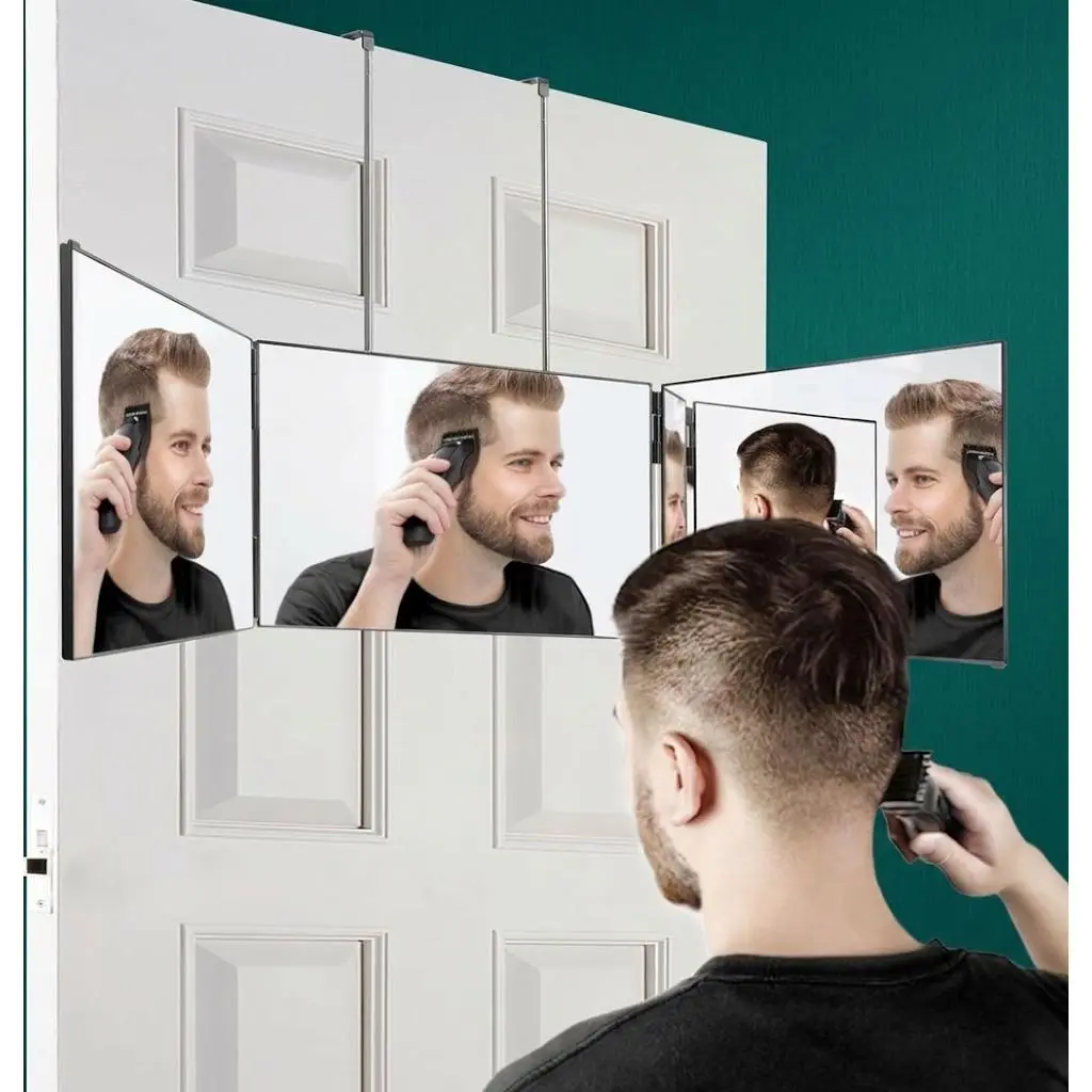[HUOMAQFAN]3 Way Mirror for Self Hair Cutting - 360 Degree Barber Mirror with Adjustable Telescoping Hooks, Trifold Mirror for DIY Haircut & Grooming
