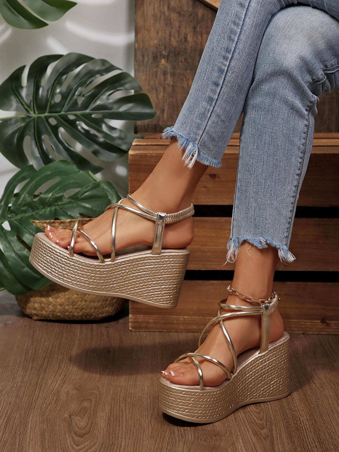 Summer New Thin Strap Cross Tie Open Toe Wedge Heel Thick Sole Sandals, Comfortable Casual Outdoor Wear, Height-Boosting Elastic Ankle Band, Vacation Style High Heel Sandals, Strappy Sandal