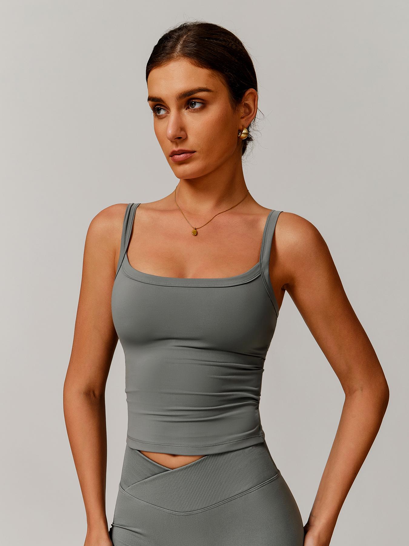 Women's Solid Square Neck Sports Cami Top, High Stretch Sleeveless Sports Top, Ladies Sportswear for Indoor Outdoor Wear, Workout Summer Clothes, Active Top, Gym Top