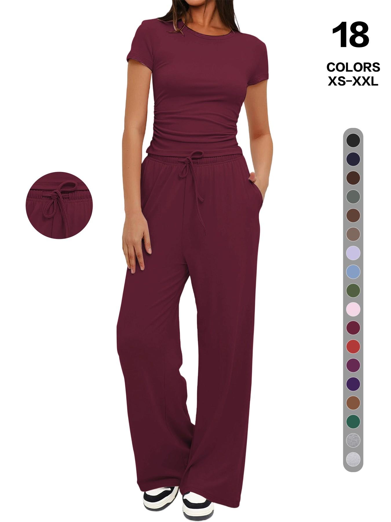 2026 Women's Solid Round Neck Short Tee and Pants, 2- or 6-Piece Set, Casual Comfy Elastic Pajama Set for Women, Cozy Loungewear for Daily Home Wear