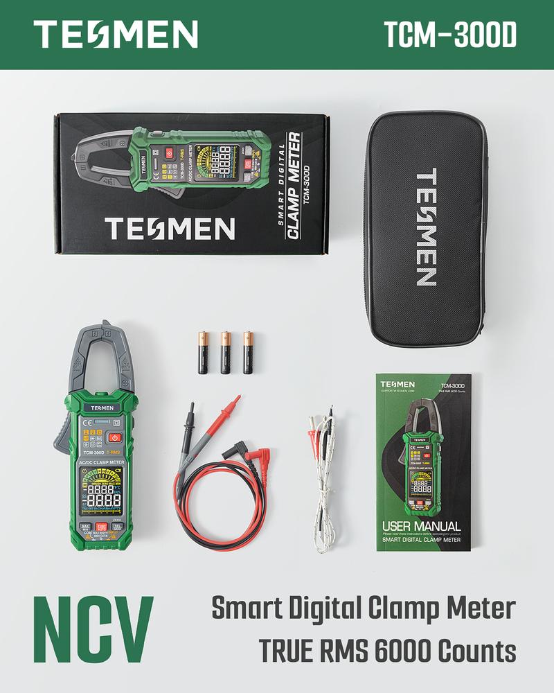 TESMEN TCM-300D Smart Clamp Meter, 6000 Counts, Smart Measurement, Auto-Ranging with AC/DC Voltmeter, Non-Contact Voltage Detection, Measures AC/DC Volatge, AC/DC Current, Resistance, Capacitance, Diode, Temperature, Continuity, Hz% Digital Multimeter