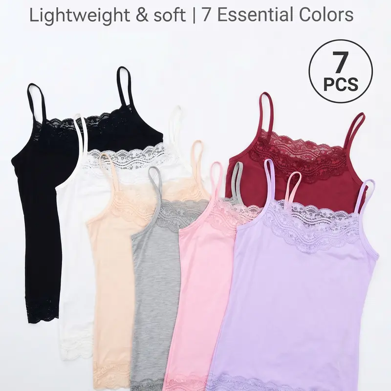Women's 7-Pack Fitted Semi Transparent Lace Trim Basic Tanks - Soft Stretch Fabric, Effortless Layering Camisole Undershirts, Medium-Length V-Neck Sleeveless, Hand Wash Essentials, Stretch Lace Women's Tanks & Camis, Effortless Women's Tanks & Camis