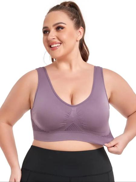 Plus Size Women's Plain Hollow Out Wireless Seamless Bra, No Padding,Breathable Comfortable Shockproof Bra for Daily Wear, Women's Lingerie for All Seasons