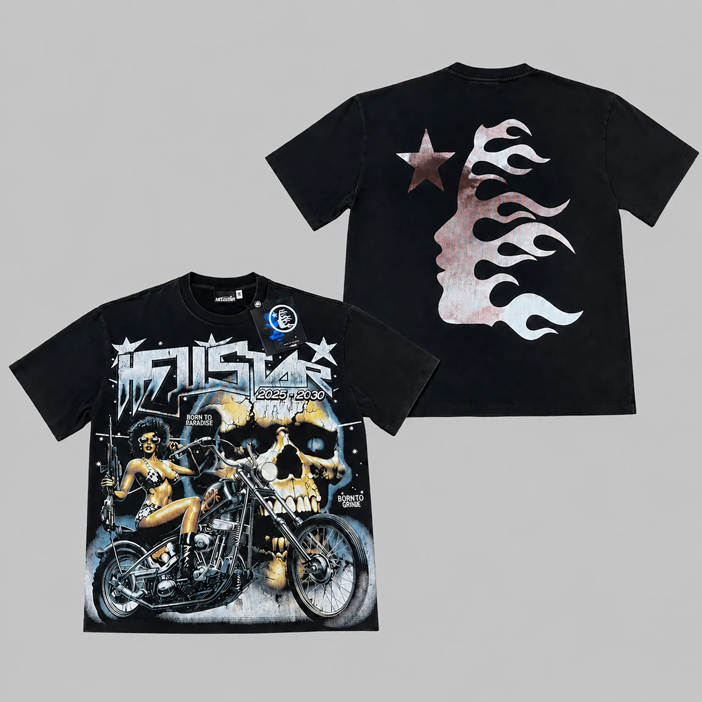 Hellstar Skull Motorcycle Graphic T Shirt Heavyweight Cotton Vintage Washed Black Acid Wash Oversized Short Sleeve Tee Summer Casual Streetwear Y2K Hip Hop Biker Grunge Trendy Fashion Men Women Unisex