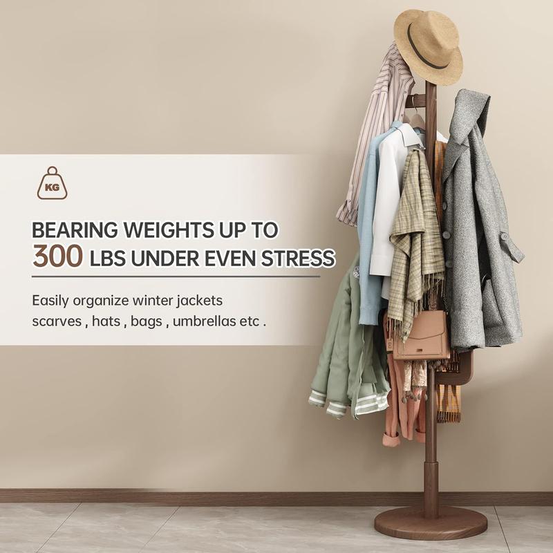 【Summer】Solid Wood Cactus Coat Rack Freestanding, Adjustable Height Wooden Coat Rack Stand with 6 Hooks, Unique Design Coat Tree for Entryway, Bedroom,Coats,Bags