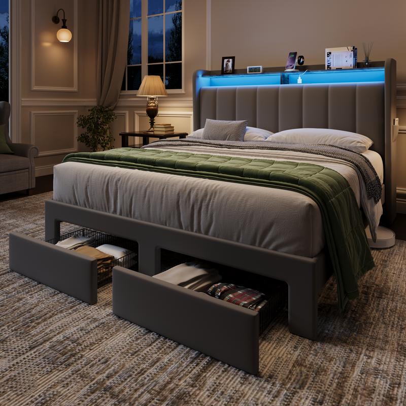 MUTICOR Upholstered Bed Frame with LED Shelf Headboard & 2 Drawers, Linen or Velvet Fabric, Smart Outlets,Full/King/Queen Bed Frame, No Box Spring Needed#TikTokShopBlackFriday #ChristmasGifts MUTICOR Upholstered Bed Frame with LED Shelf Headboard & 2 Drawers, Linen or Velvet Fabric, Smart Outlets,Full/King/Queen Bed Frame, No Box Spring Needed#TikTokShopBlackFriday #ChristmasGifts