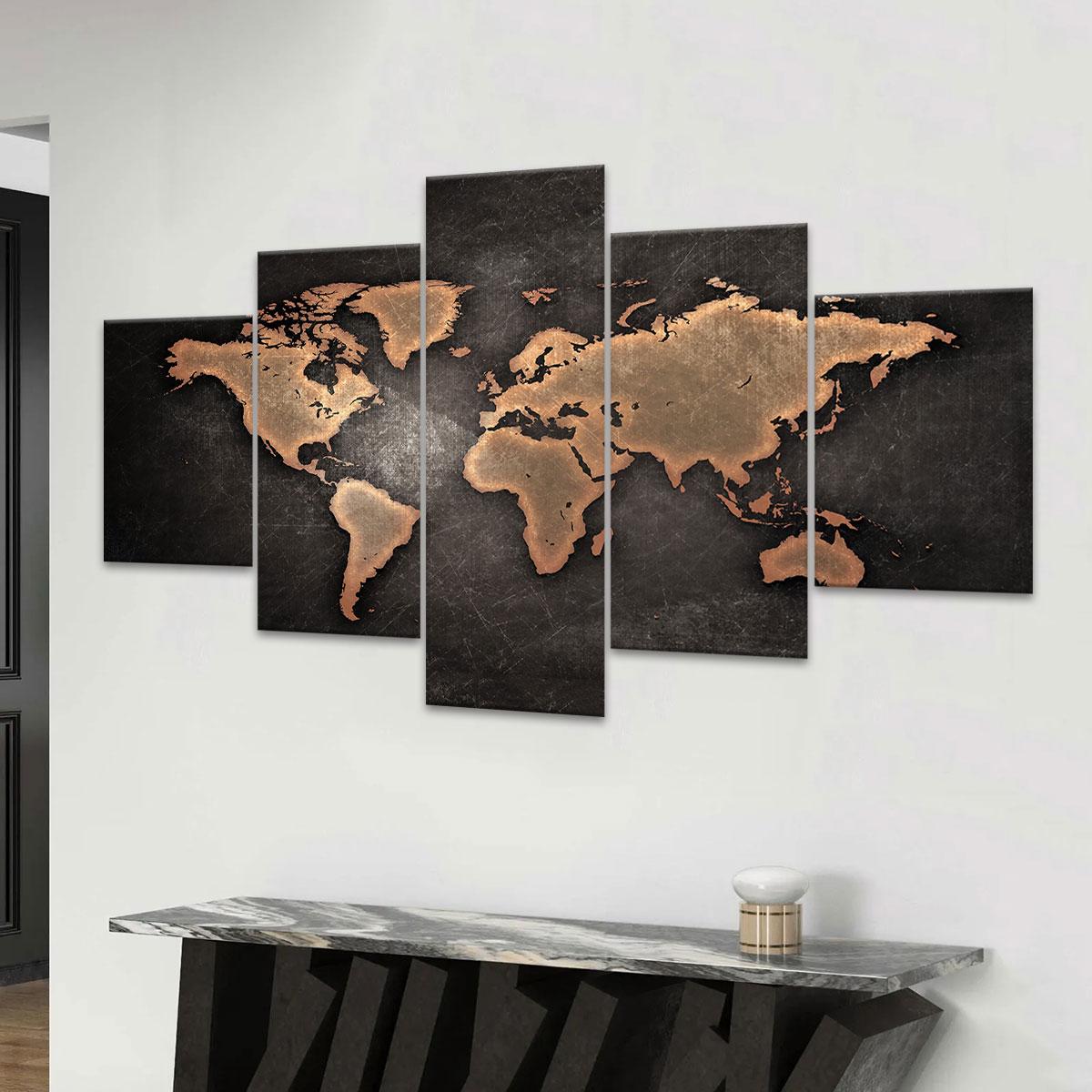 Vintage World Map Pattern Canvas Unframed Painting, 5 Counts Modern Art Poster, Wall Art Decor for Home Living Room Bedroom Office, Ornaments