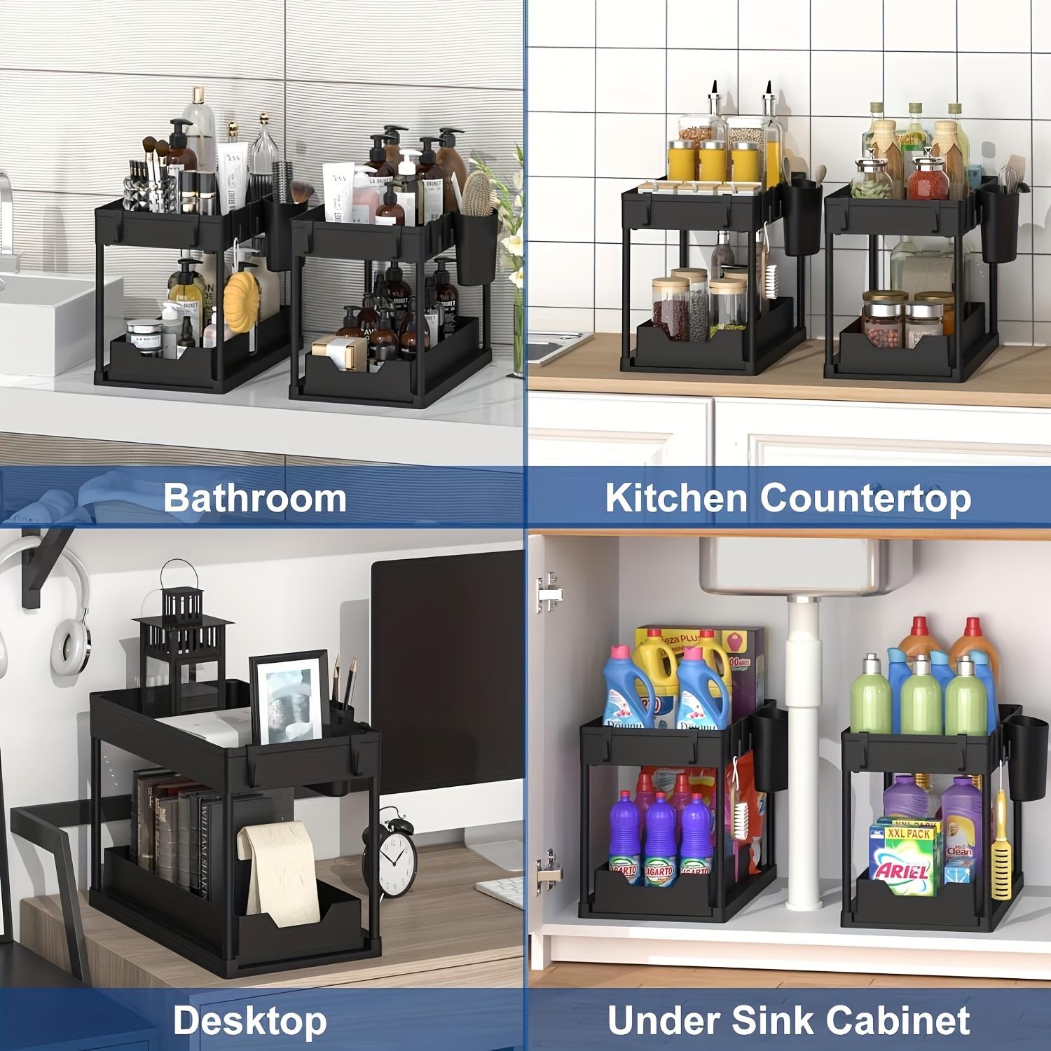 Sliding Sink Organizer Rack with Metal Frame, Pull-Out Storage Basket, Adjustable Storage, Space Saving Cabinet Organizer for Kitchen Bathroom Laundry Room