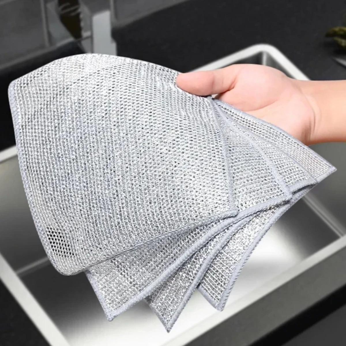 Double-layer magic steel wire cleaning cloth, metal silver thread dish towel, household kitchen cleaning rag and washing tool