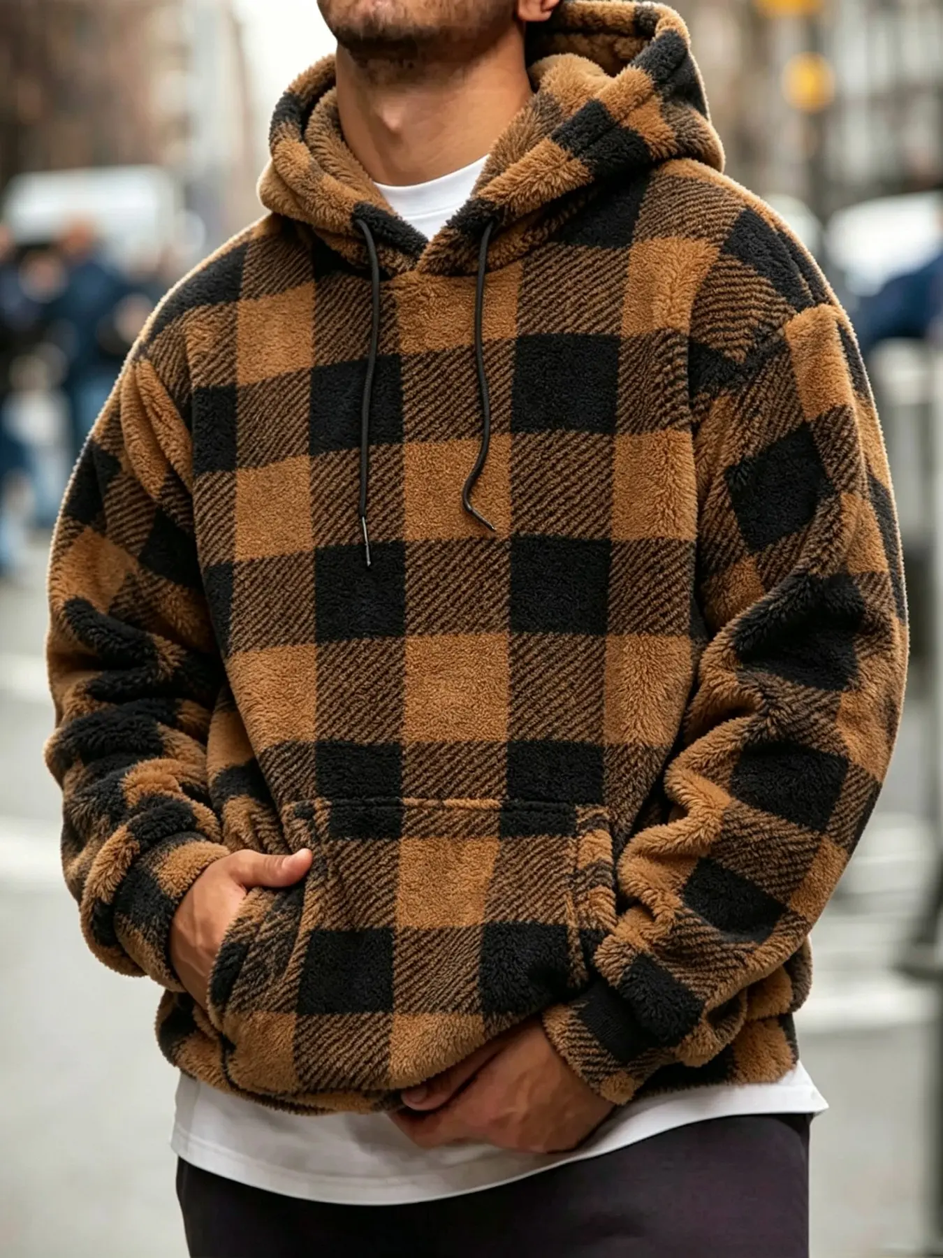 Winter Men Vintage Check Plush Hooded Sweatshirt, Casual Thick Fluffy Grid Pattern Fleece Pullover, Drawstring Hoodie for Daily Outdoor Street